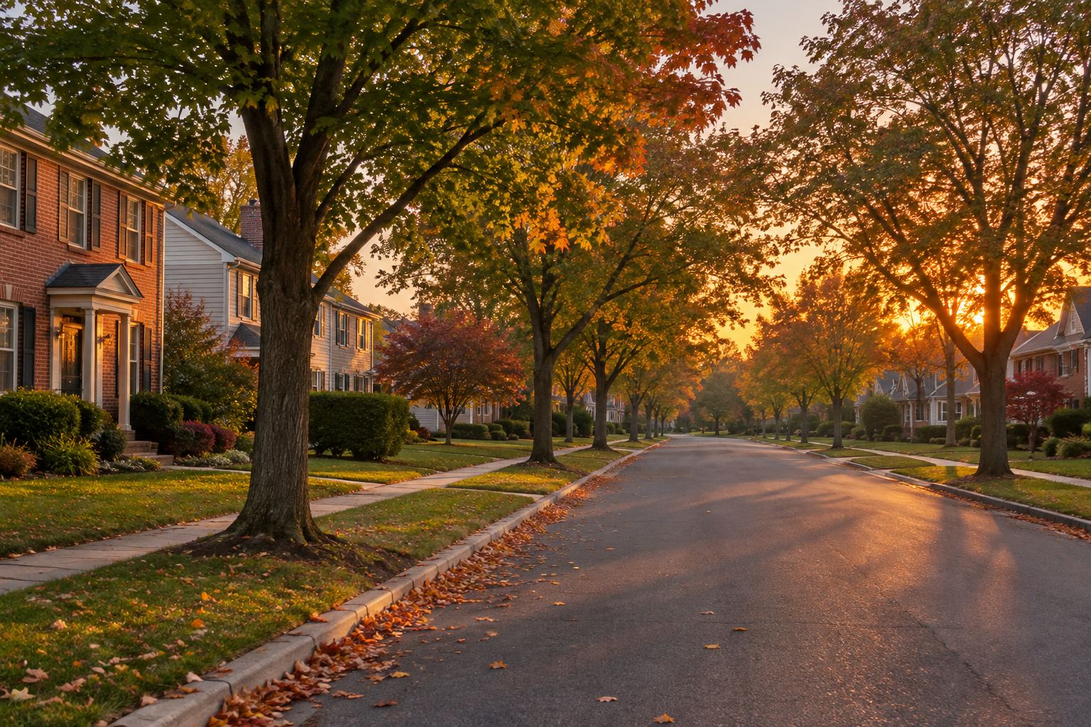 A Frederick residential street at sunset, illustrative